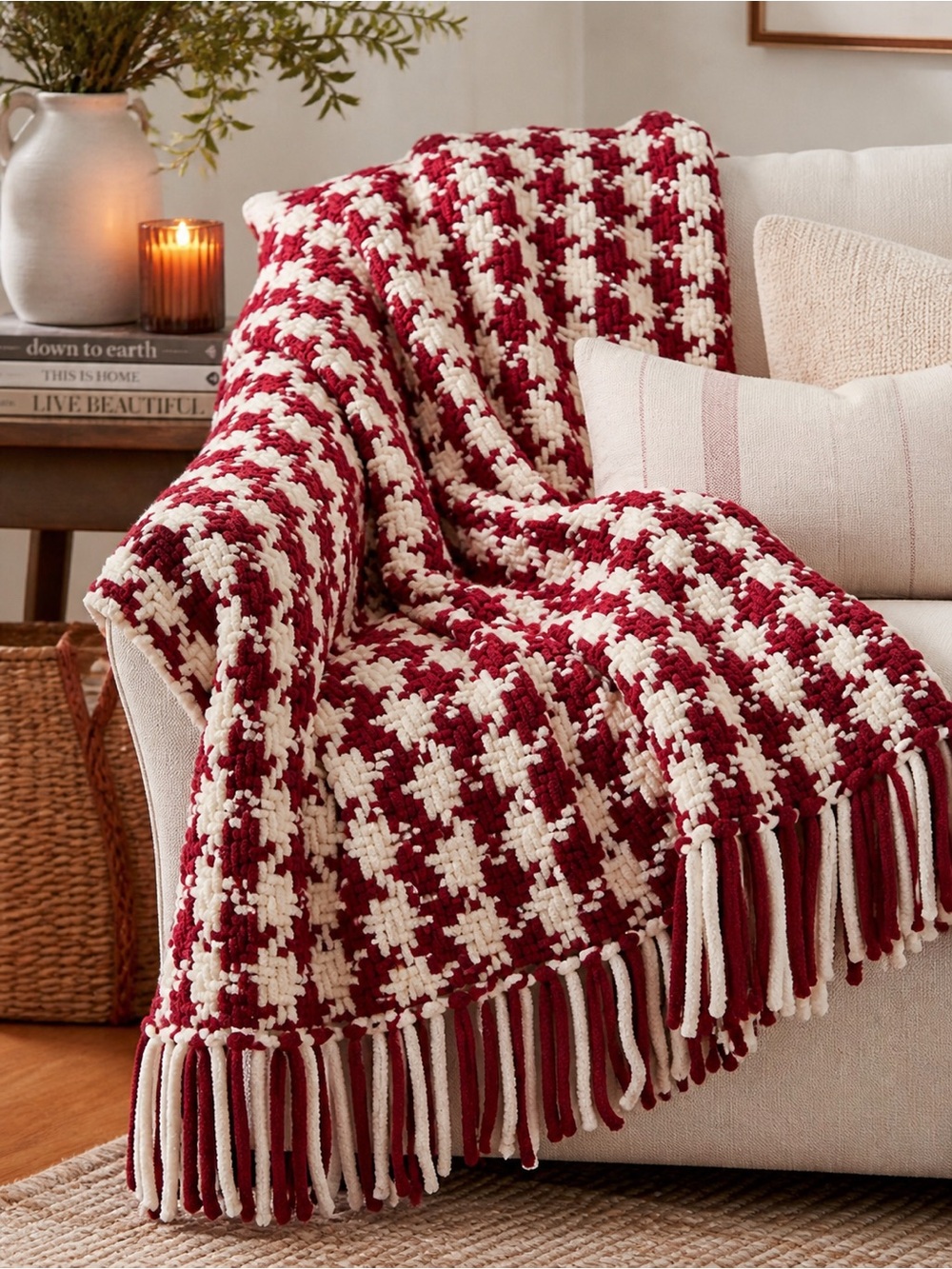 Soft Surroundings Macintosh Chunky Knit Throw Red & White Herringbone 50” x 70”